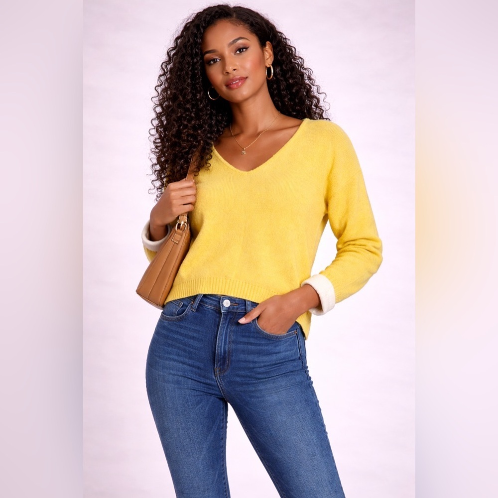 Joe Fresh Yellow V-Neck Knit Sweater Women’s Size M Long Sleeve Pullover